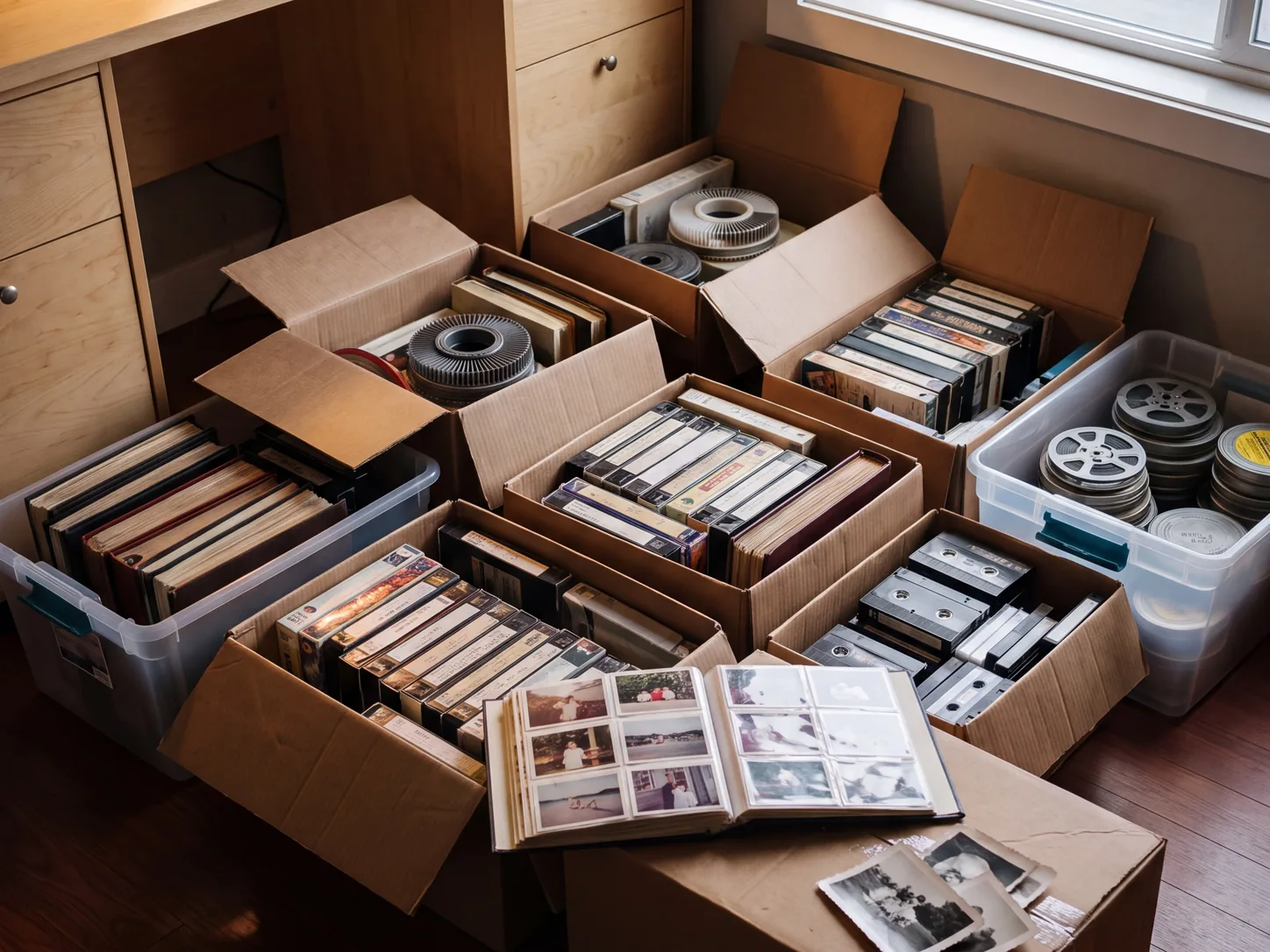 A family's collection in open boxes: videotapes, photo albums, slide carousels and film reels